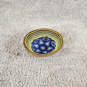 Huichol Beaded Bowl Blue Yellow Geometric Folk Art Mexican Gourd